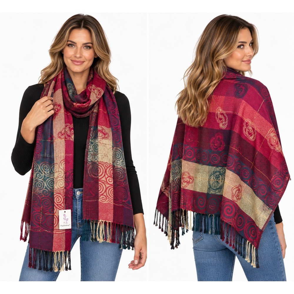 F.C. Pashmina Scarf Red Burgundy Gold Metallic Swirl Fringe Wrap Shawl 67x27